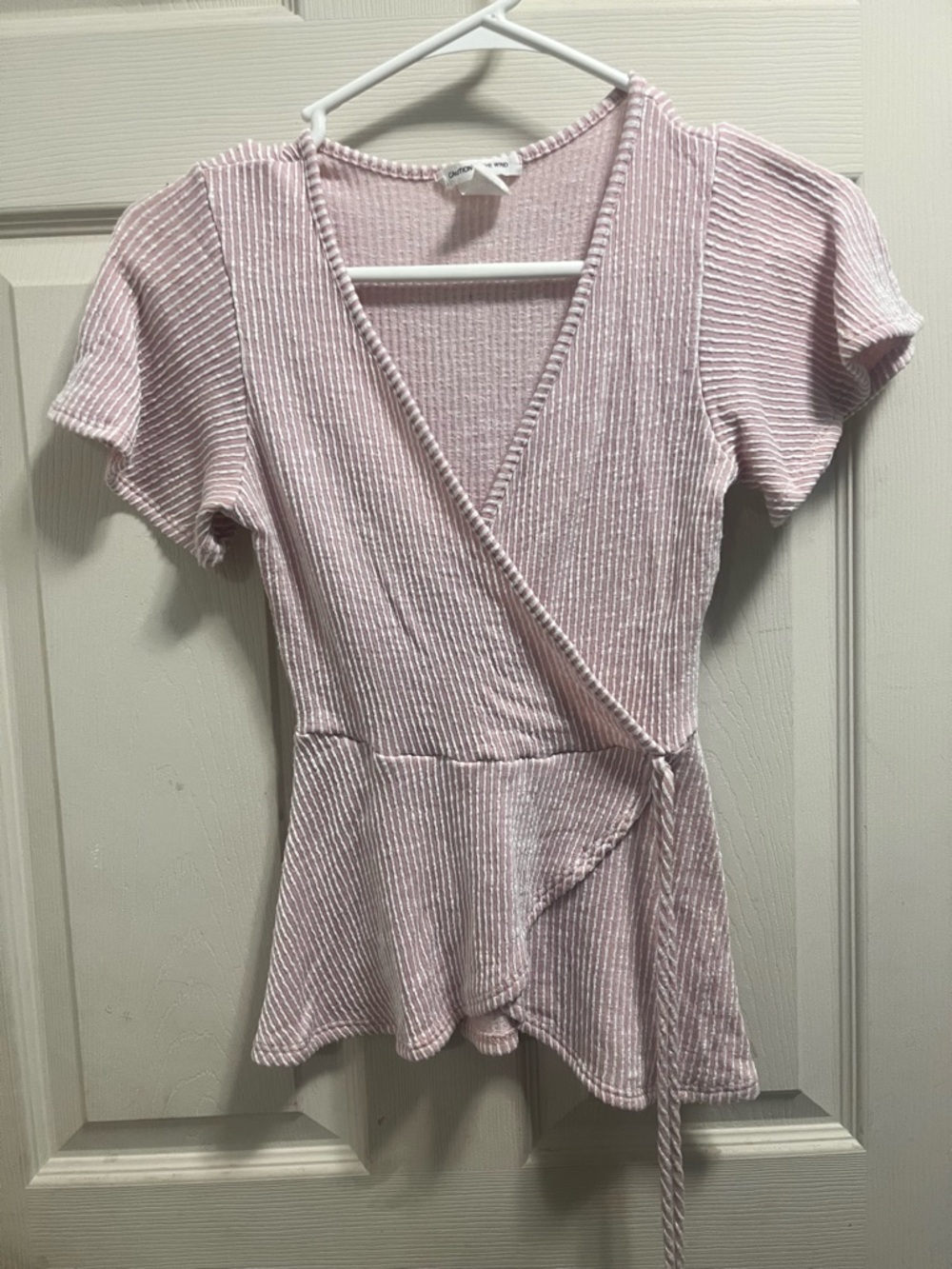 Caution To The Wind Light Pink Ribbed Wrap Blouse